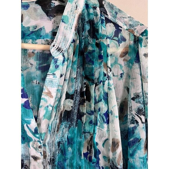 Christopher Banks Top Women L Blue Floral Sheer Western Boho Summer Office 80s - Picture 7 of 11